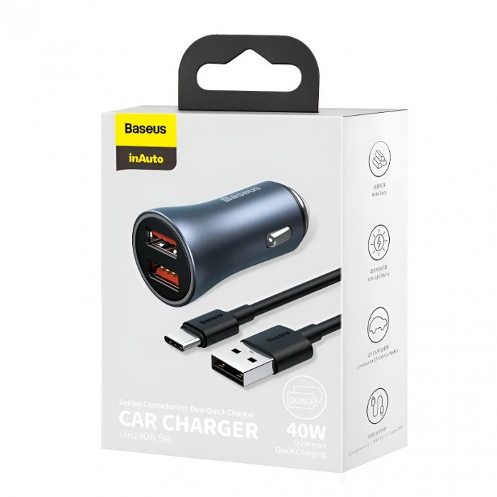 Автомобильное зарядное устройство с быстрой зарядкой Baseus Golden Contactor Pro Dual Quick Charger U+U 40W (С проводом Baseus USB - Type-C 5A 1m) Тёмно серый (TZCCJD-A0G) | Фото 1 из 5