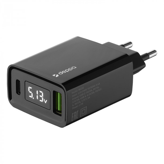 Зарядное устройство Deppa USB A + USB-C, PD, QC 3.0, 30W, дисплей, черный | Фото 1 из 4