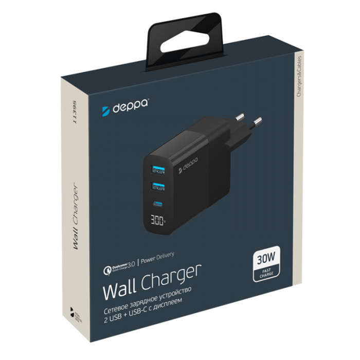 Зарядное устройство Deppa USB A + USB-C, PD, QC 3.0, 30W, дисплей, черный | Фото 3 из 4