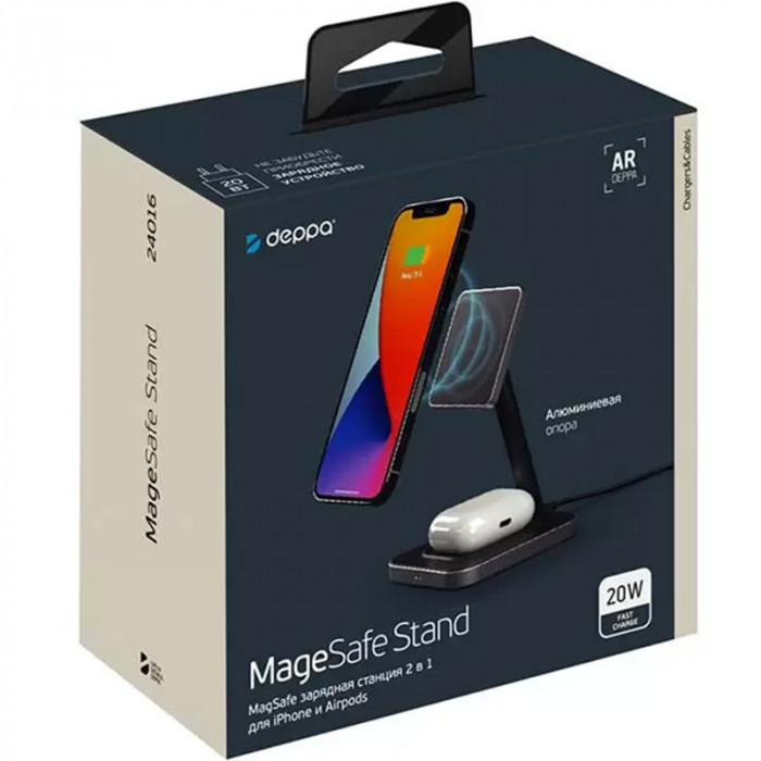 Беспроводное зарядное устройство Deppa 2in1 MageSafe Stand: iPhone, Airpods, 20 Вт Черный | Фото 2 из 6