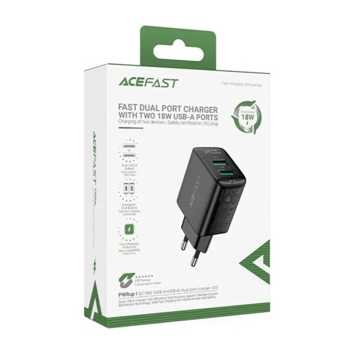 Зарядное устройство ACEFAST A33 18W USB-A+USB-A Черный | Фото 3 из 3