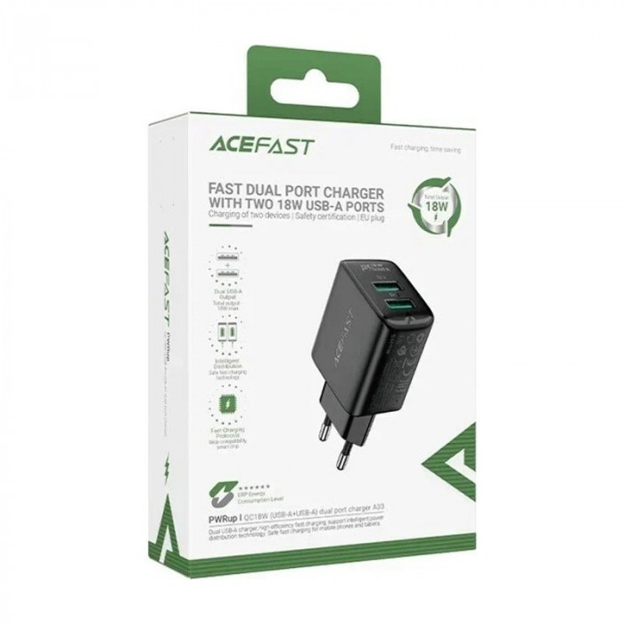 Зарядное устройство ACEFAST A33 18W USB-A+USB-A Черный | Фото 1 из 3