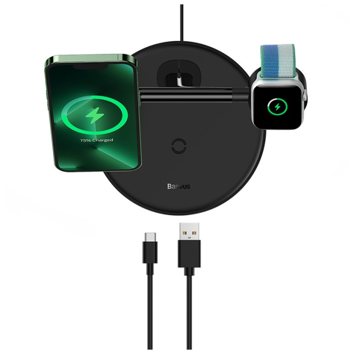 Беспроводное зарядное устройство Baseus Swan 3в1 Wireless Magnetic Charging Bracket 20W Universal Черный (WXTE000101) | Фото 3 из 4