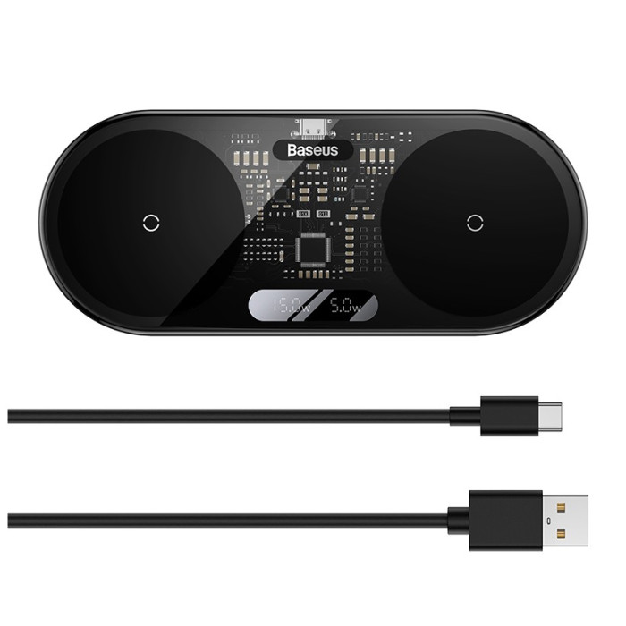 Беспроводное зарядное устройство BASEUS Digital LED Display 2in1 20W Universal version Черный (WXSX010101) | Фото 2 из 4