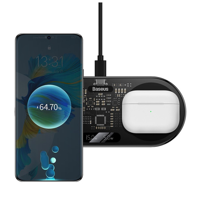 Беспроводное зарядное устройство BASEUS Digital LED Display 2in1 20W Universal version Черный (WXSX010101) | Фото 1 из 4