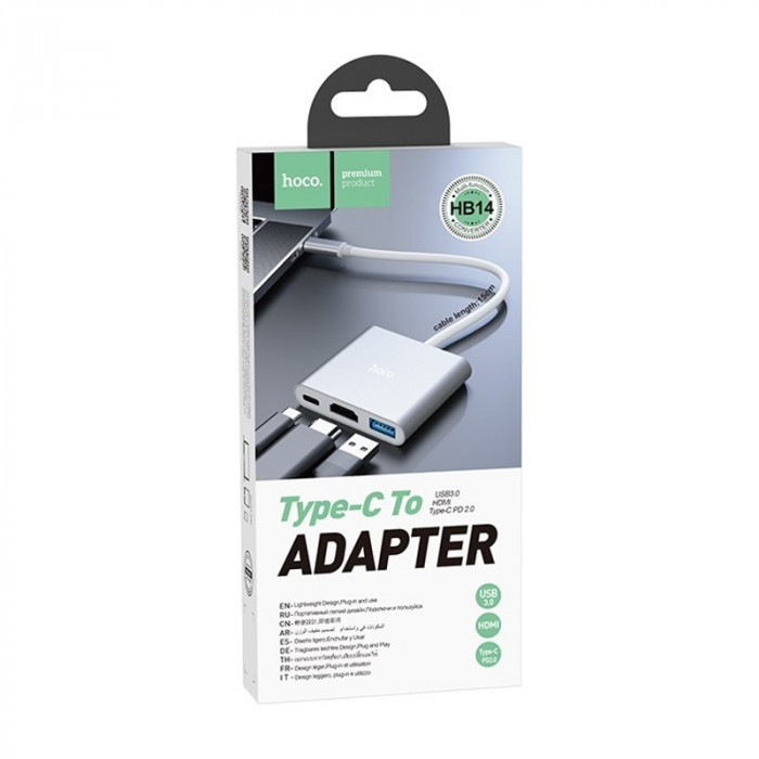 Стыковочная станция HOCO HB14 Easy use Type-C adapter (Type-C to USB3.0+HDMI+PD), серебристый | Фото 2 из 6