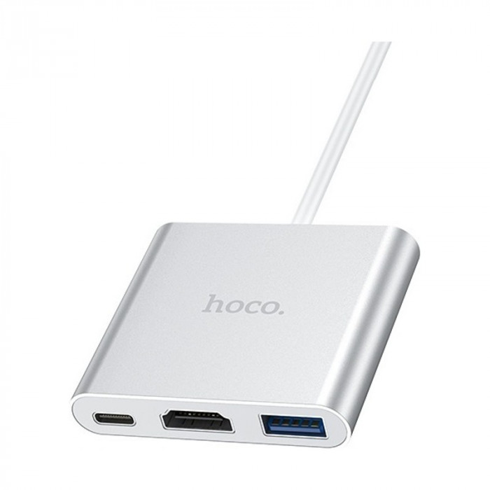 Стыковочная станция HOCO HB14 Easy use Type-C adapter (Type-C to USB3.0+HDMI+PD), серебристый | Фото 3 из 6