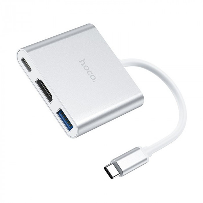 Стыковочная станция HOCO HB14 Easy use Type-C adapter (Type-C to USB3.0+HDMI+PD), серебристый | Фото 4 из 6