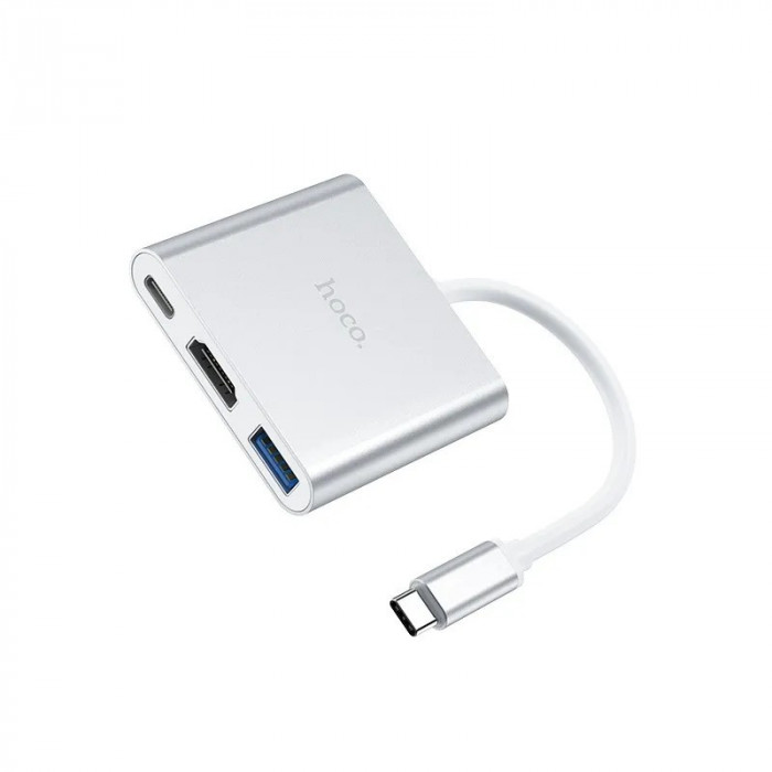 Стыковочная станция HOCO HB14 Easy use Type-C adapter (Type-C to USB3.0+HDMI+PD), серебристый | Фото 1 из 6