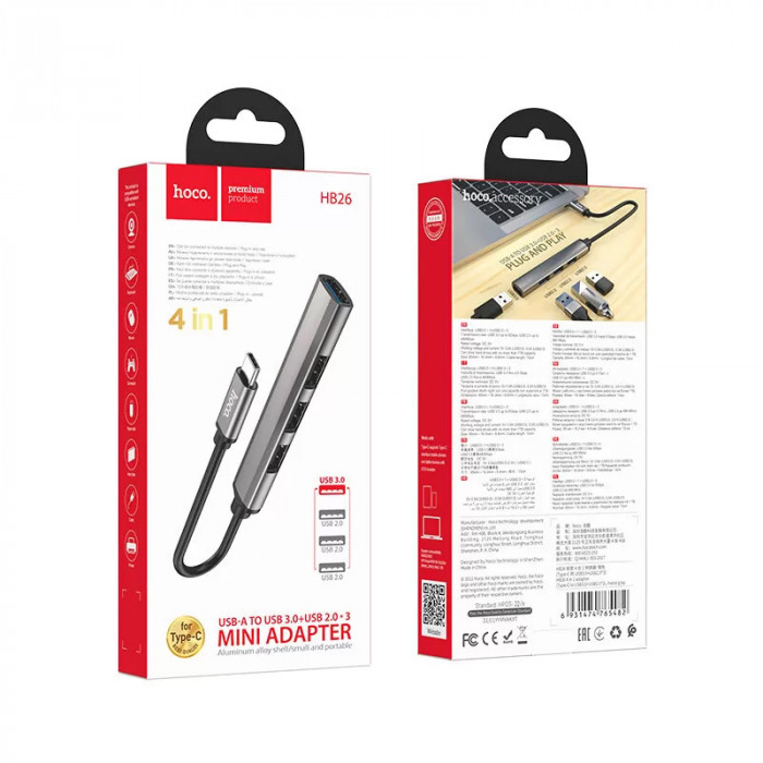 Стыковочная станция HOCO HB26 3 USB 2.0, 1 USB 3.0, кабель USB-A, Серый | Фото 2 из 4